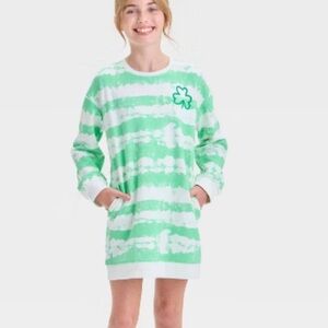 NWT Cat & Jack Green/White Tie Dye Long Sleeve Crewneck Dress, Size Girl’s 4/5